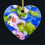 Adorno De Cerámica Elegante acuarela flores florales rosas Hollyhocks<br><div class="desc">hollyhock romántico original con una pequeña pintura acuarela de abejas con burbujas de H Cooper</div>