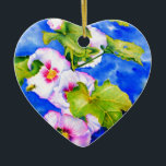 Adorno De Cerámica Elegante acuarela flores florales rosas Hollyhocks<br><div class="desc">hollyhock romántico original con una pequeña pintura acuarela de abejas con burbujas de H Cooper</div>