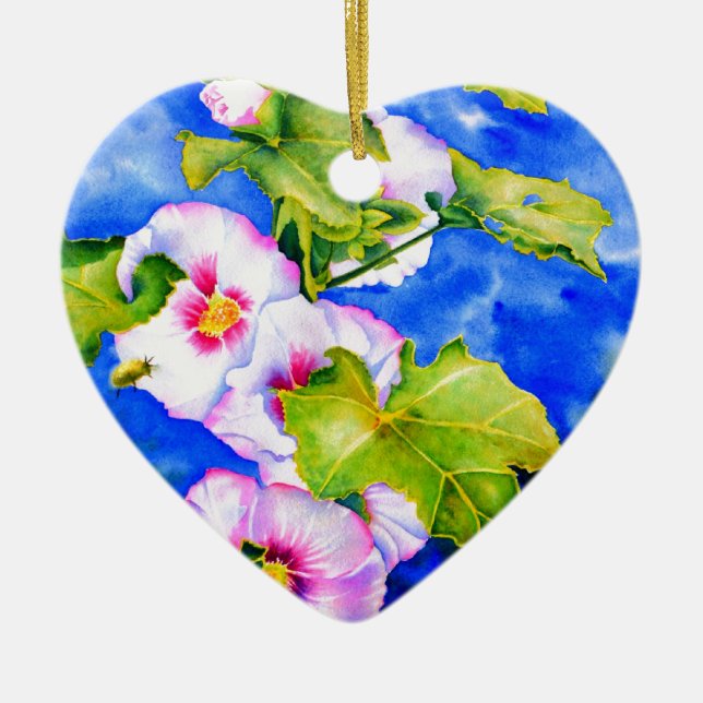 Adorno De Cerámica Elegante acuarela flores florales rosas Hollyhocks (Frente)