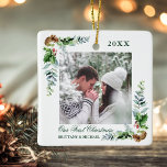 Adorno De Cerámica Elegante acuarela Pine Couple Primera Navidad<br><div class="desc">Elegante acuarela Pine Cone Greenery y Holly Berries nuestro primer ornamento de fotos de parejas de Navidad</div>