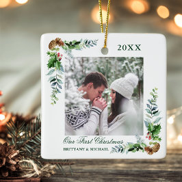 Adorno De Cerámica Elegante acuarela Pine Couple Primera Navidad