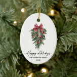 Adorno De Cerámica Elegante acuarela Pines Calligraphy Ink Holiday<br><div class="desc">Moderna y elegante caligrafía Ink Script Watercolor Pines Winter Greeneration con Borgoña Red Ribbon Bow,  Pine Cones y Holly Berries Feliz Ornamento de Vacaciones</div>