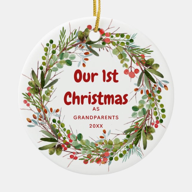 Adorno De Cerámica Elegante acuarela Wreath Primera Navidad (Frente)