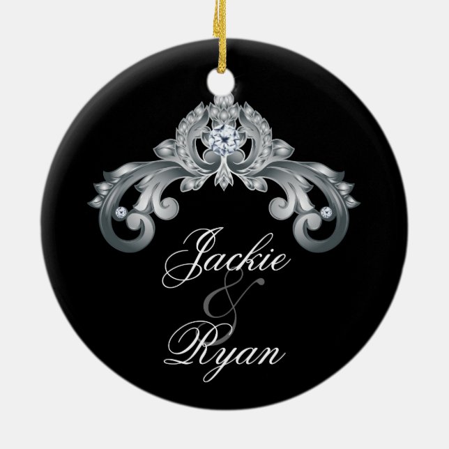 Adorno De Cerámica Elegante aniversario de boda 25° Plata Negra (Atrás)