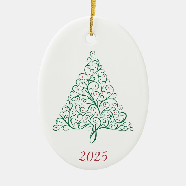 Adorno De Cerámica Elegante árbol de Navidad rojo y verde caligrafía (Frente)