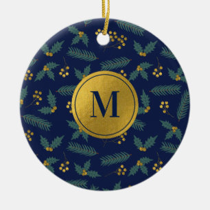 Adorno De Cerámica Elegante Bayas de Acebo Navidad Botánico Azul Oro