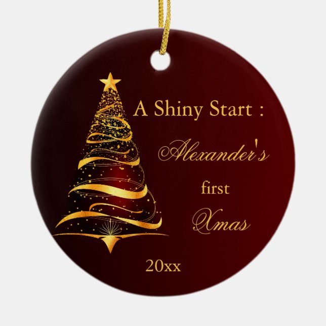 Adorno De Cerámica Elegante bebé del árbol de oro Primera Navidad (Frente)