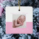 Adorno De Cerámica Elegante bebé niña recién nacida foto Navidades ro<br><div class="desc">Un clásico anuncio de la foto del nacimiento de una niña adorno navideño de color rosa bonito con una hermosa tipografía cursiva sobre tu dulce fotografía del recién nacido. Personalizar este regalo de doble cara con tu foto favorita de tu nuevo bebé para regalarle a los nuevos abuelos o padres....</div>