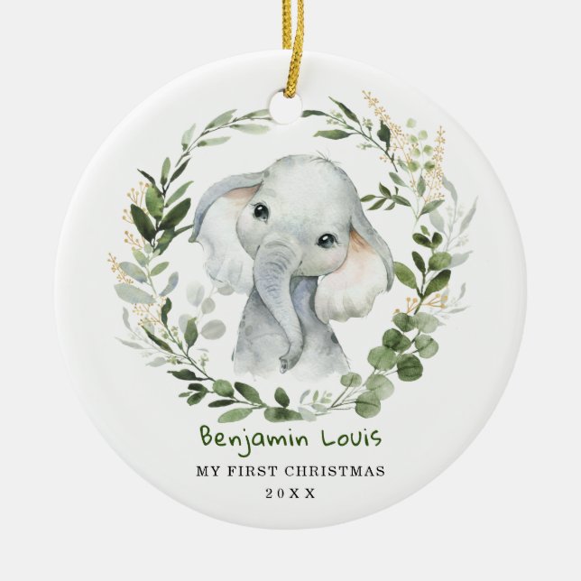 Adorno De Cerámica Elegante Bebé Primero Navidades Elefante verde (Frente)
