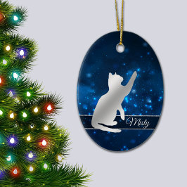 Adorno De Cerámica Elegante Blue Lights Silver Silhouette Playful Cat