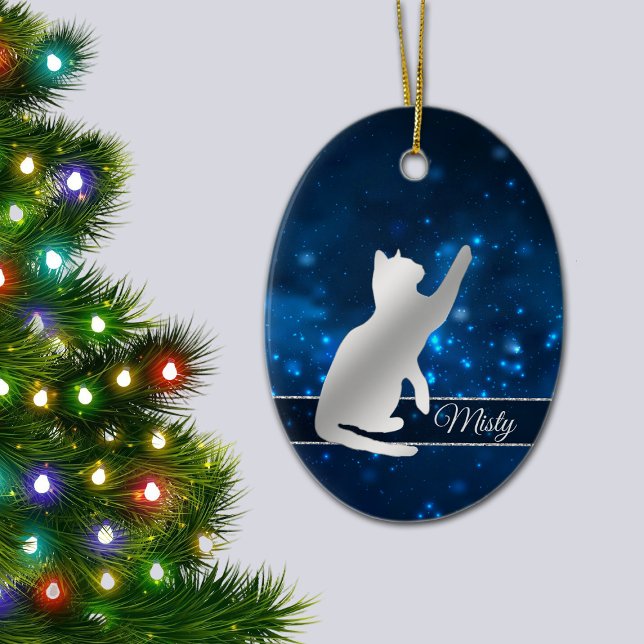 Adorno De Cerámica Elegante Blue Lights Silver Silhouette Playful Cat (Subido por el creador)