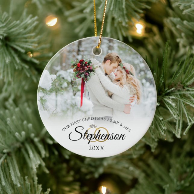 Adorno De Cerámica Elegante Boda Primera Navidad Sr. y Sra. 2 Foto (Árbol)