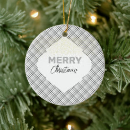 Adorno De Cerámica Elegante Brillo Feliz Navidad Cuadros Gris Blanco