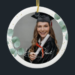 Adorno De Cerámica Elegante caligrafía de vegetación | Foto de gradua<br><div class="desc">Crea tu propia caligrafía elegante de vegetación | Foto de graduación Ornamento cerámico. Este diseño moderno y de moda cuenta con ilustraciones acuáticos con ramas de eucalipto. Añade dos fotos personalizados delante y detrás, nombre y texto personalizado. Muestra todo tu amor con este en un agradable adorno de cerámica personalizado,...</div>