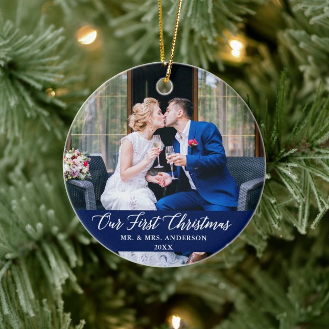 Adorno De Cerámica Elegante caligrafía Nuestro primer azul de Navidad (Árbol)