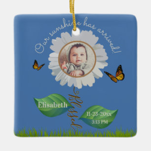 Adorno De Cerámica Elegante Daisy Blue Floral Cute Baby Photo & Name