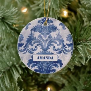 Adorno De Cerámica Elegante damasco Blue toile de jouy monograma