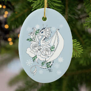 Adorno De Cerámica Elegante Dragón de Hielo Blanco Rosas Azules Fanta