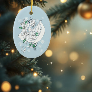 Adorno De Cerámica Elegante Dragón de Hielo Blanco Rosas Azules Fanta