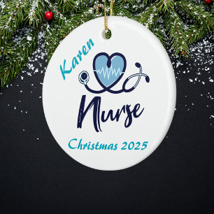 Adorno De Cerámica Elegante Enfermera Corazón Azul Personalizable