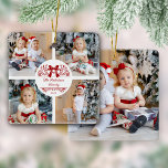 Adorno De Cerámica Elegante familia de Navidades botánicos 5 Foto<br><div class="desc">Este elegante ornamento de Navidad de collage de fotos personalizado muestra el nombre dentro de un marco botánico dividido decorado con campanas,  rodeado por 4 fotos en la parte delantera,  y una quinta foto en la parte trasera.</div>