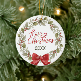 Adorno De Cerámica Elegante Festividad Feliz Navidad Wreath Red Bow