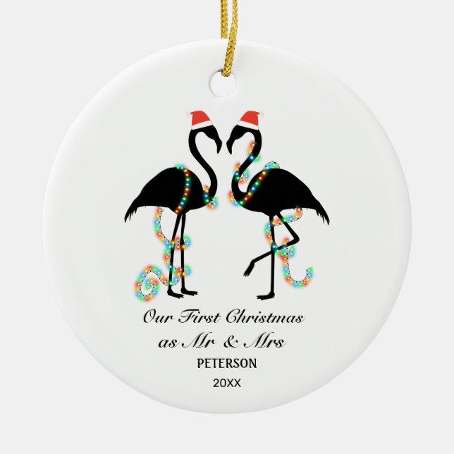 Adorno De Cerámica Elegante Flamingo Primera Navidad Casada Foto (Frente)