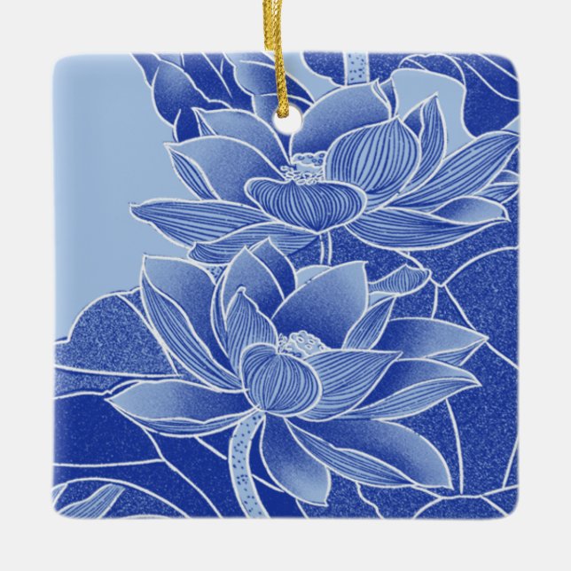 Adorno De Cerámica Elegante Flor Azul Lotus Mandala Lily Chinoiserie (Anverso)