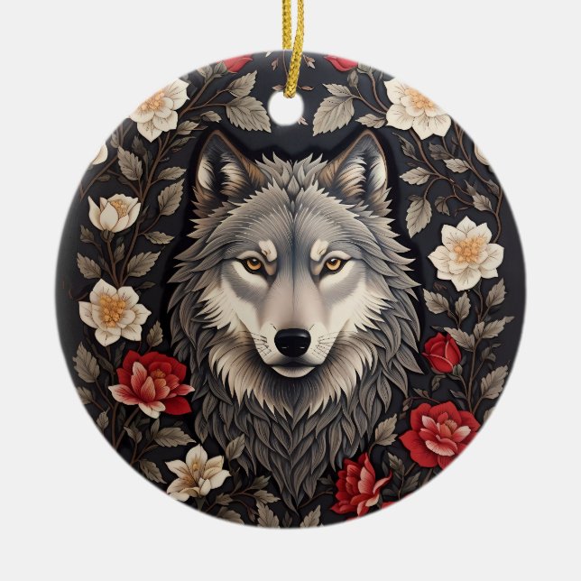 Adorno De Cerámica Elegante Floral de Lobo Gris (Frente)