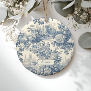 Adorno De Cerámica Elegante floral vintage monocromo azul toile de jo