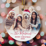 Adorno De Cerámica Elegante foto de la familia de guiones rojos Feliz<br><div class="desc">Elegante Y Moderna Mano Roja Leyó El Guión "Nombre De La Familia" Merry Christmas Photo Ornament. Presenta una foto familiar, caligrafía de "nombre de familia" en escritura manuscrita, con texto de Feliz Navidad y superposición de fotos del año (en rojo y blanco). Fácil de personalizar. Consejo de la foto: recortar...</div>