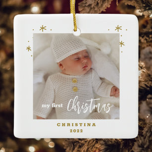 Adorno De Cerámica Elegante foto de mi primer bebé de Navidad a dos l
