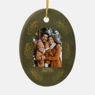 Adorno De Cerámica Elegante Foto Familiar en Arco Navideño Verde