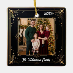 Adorno De Cerámica Elegante Foto Familiar en Oro Negro Navidad Cerámi