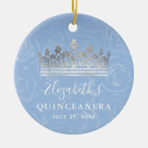Adorno De Cerámica Elegante Foto Plata Luz Azul Quinceañera