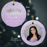 Adorno De Cerámica Elegante foto Plata y púrpura claro Quinceanera<br><div class="desc">Crea tus propios y elegantes ornamentos de quinceanera fotográfica usando una hermosa plantilla de DIY floral. El singular y original arte de Raphaela Wilson muestra a rosas de acuarela en suaves tonalidades de lila y lavanda, una corona real reina / princesa tiara y mariposa confetti. Añade un nombre personalizado y...</div>