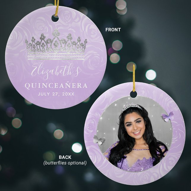 Adorno De Cerámica Elegante foto Plata y púrpura claro Quinceanera (Create your own keepsake light purple quinceanera ornaments, with this elegant DIY photo template.)