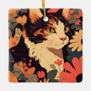 Adorno De Cerámica Elegante gato calico en jardín floral