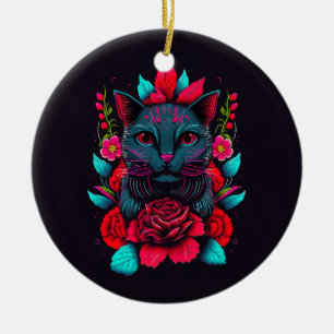 Adorno De Cerámica Elegante gato negro rodeado de rosas rojas  