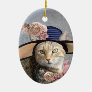 Adorno De Cerámica ELEGANTE GATO,SOMBRERO GRAN DIVA,ROSA recuerdo de 