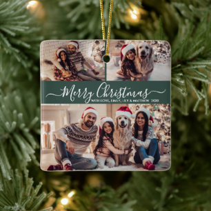 Adorno De Cerámica Elegante guión 3 Collages de fotos Navidades verde