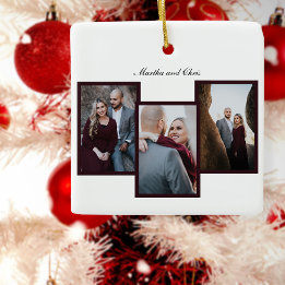 Adorno De Cerámica Elegante guión casado 3 Collage de fotos rojo