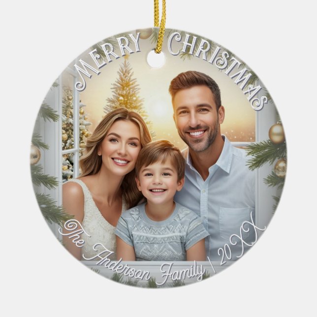 Adorno De Cerámica Elegante guión Elegante Foto Feliz Navidad (Frente)