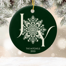 Adorno De Cerámica Elegante JOY Forest Green Photo Christmas Ornament