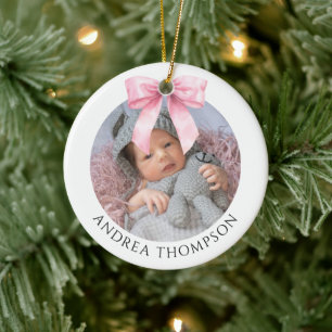 Adorno De Cerámica Elegante lazo rosa bebé primera Navidad Foto
