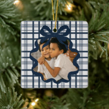 Elegante lazo y cuadros Navidad Foto Personalizada