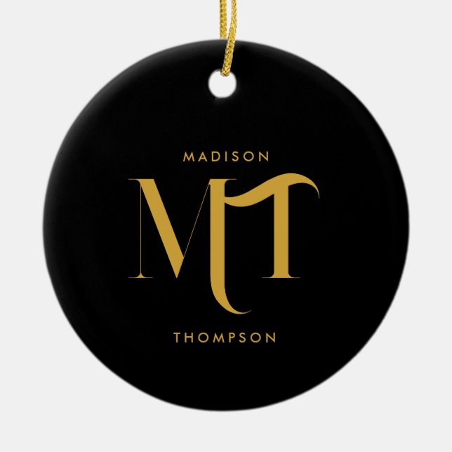 Adorno De Cerámica Elegante letras de inicio de monograma negro y dor (Frente)