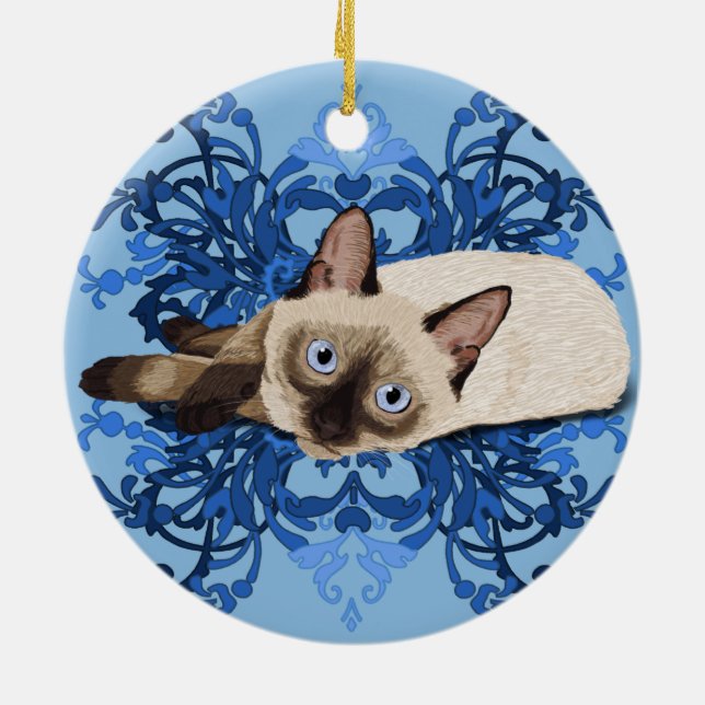 Adorno De Cerámica Elegante línea floral azul siamesa de gatos Bonito (Atrás)