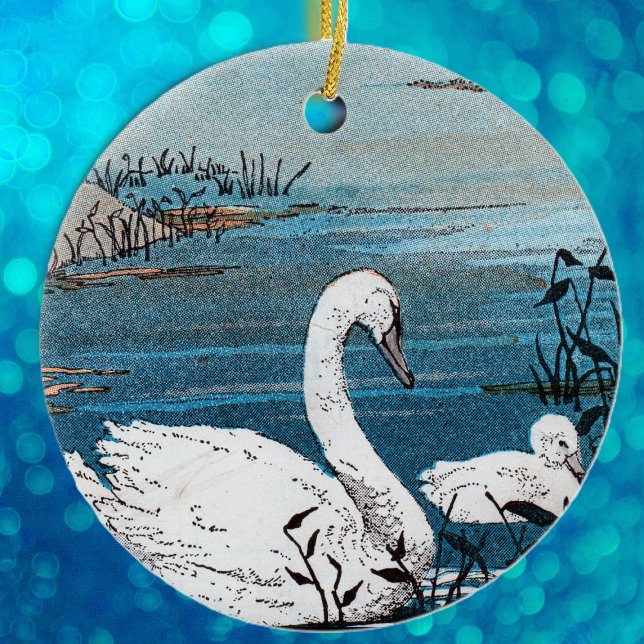 Adorno De Cerámica Elegante madre blanca cisne con bebé en lago azul (Beautiful white swan swimming with baby in blue lake on hanging ornament.)