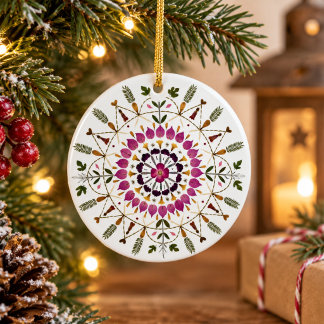 Adorno De Cerámica Elegante Mandala de Flores Prensadas Botánicas de 
